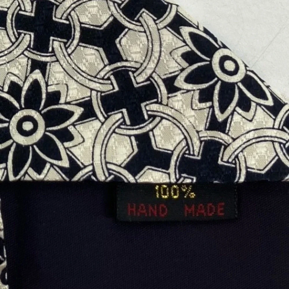 René Chagal Silk Tie Mens OS Black Cream Geometric Floral Hand Made 58